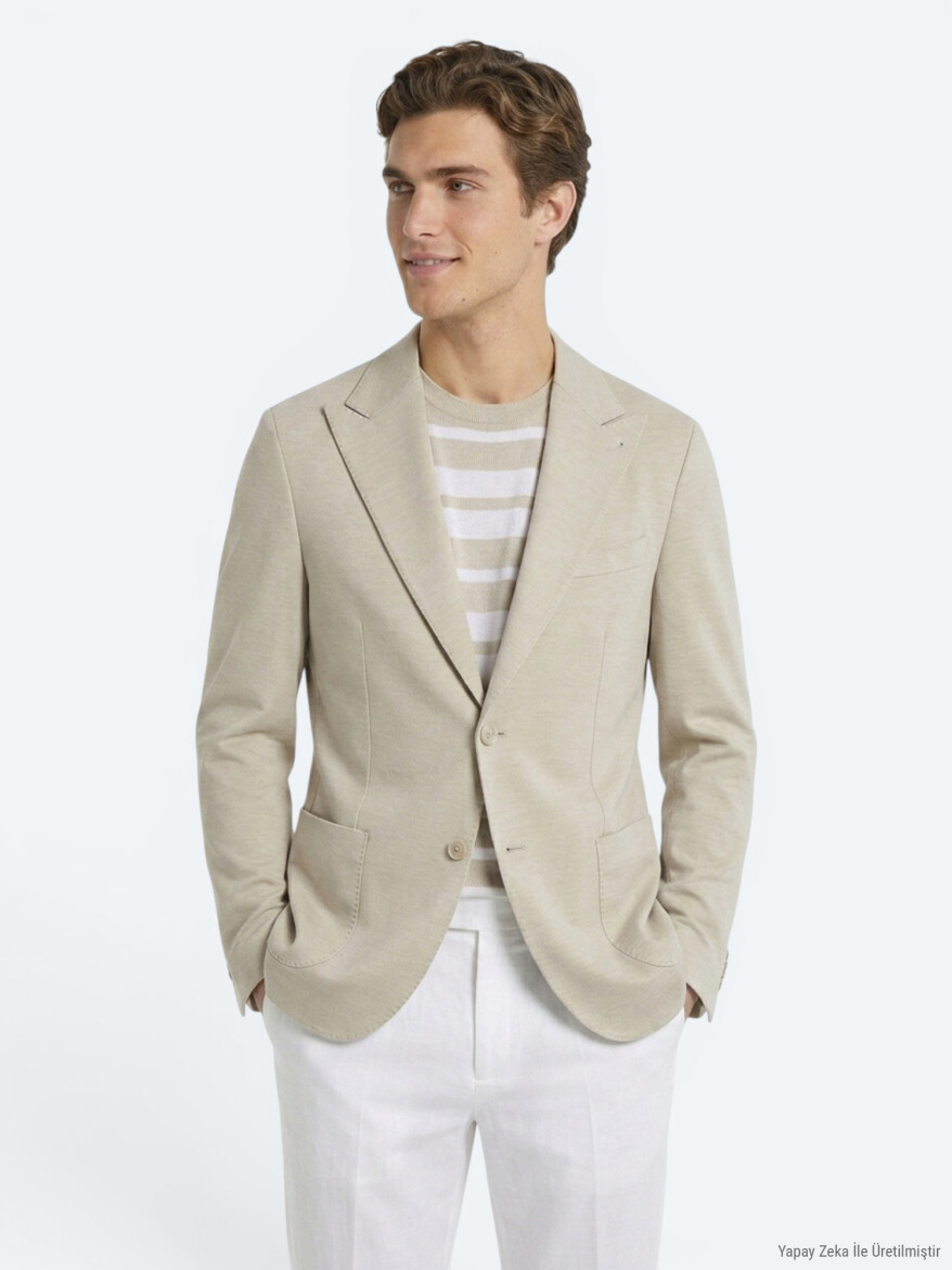 Beige Plain Modern Fit Cotton Blended Jacket - 4
