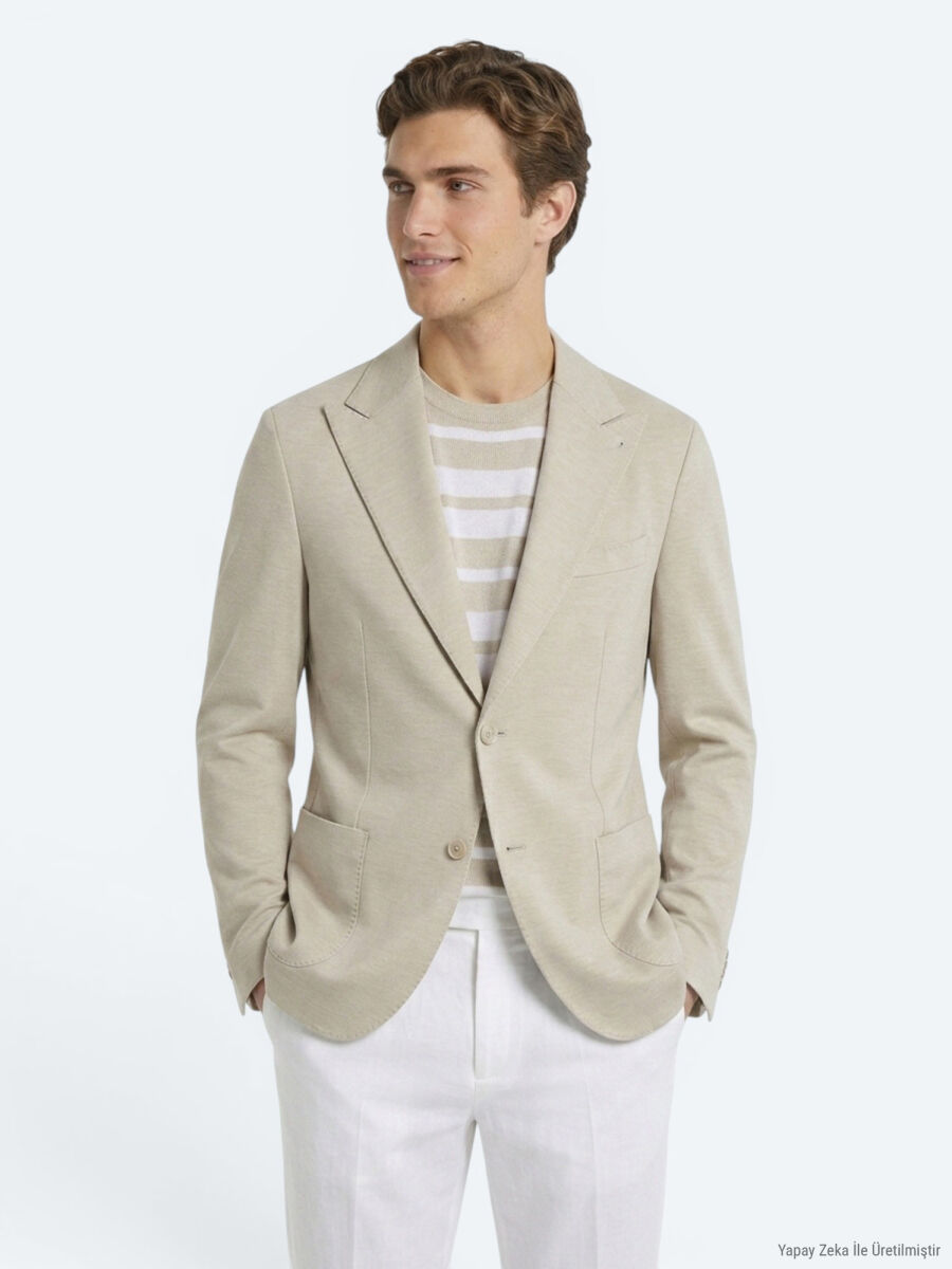 Beige Plain Modern Fit Cotton Blended Jacket - 4