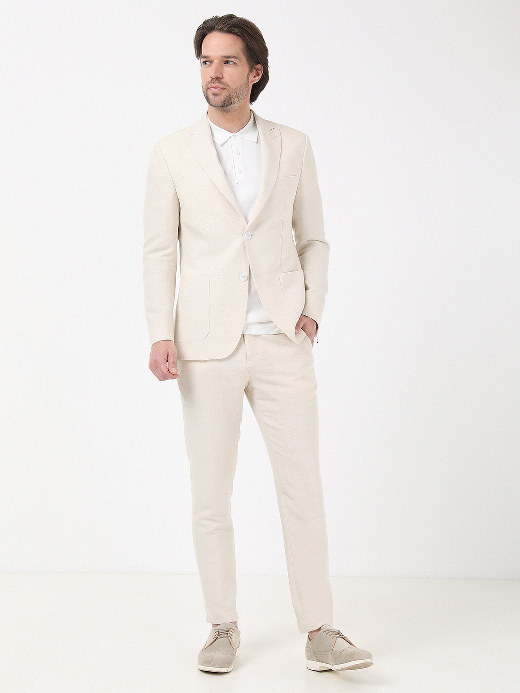 Beige Plain Modern Fit Cotton Blended Suit - 1