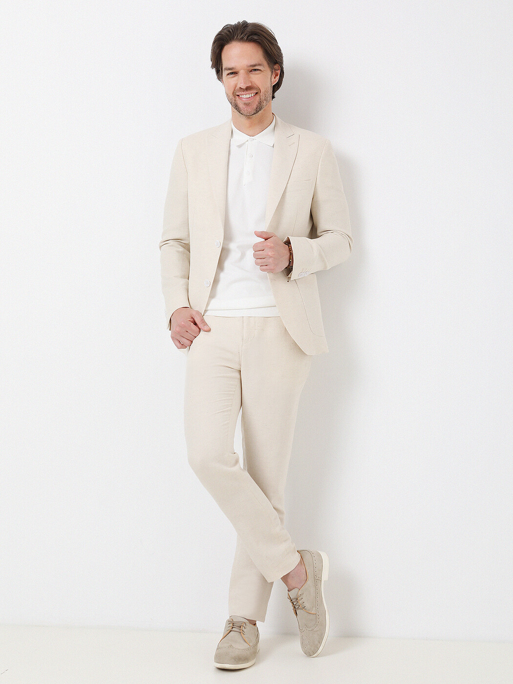 Beige Plain Modern Fit Cotton Blended Suit - 2