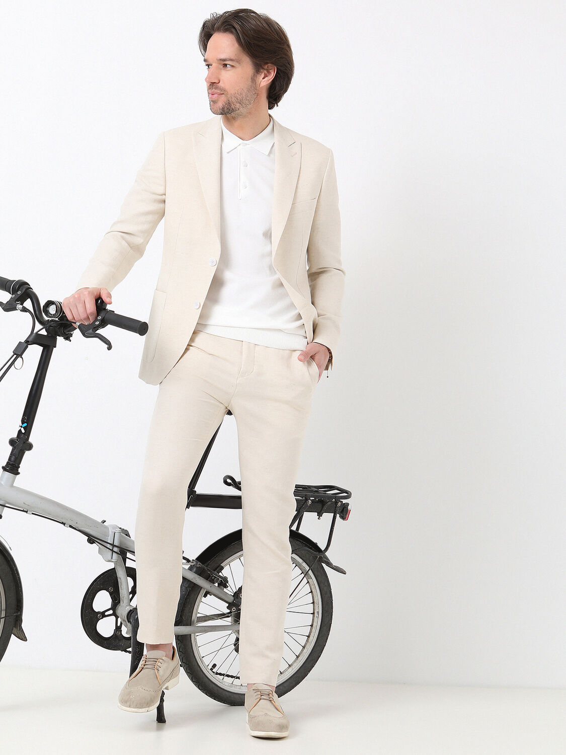 Beige Plain Modern Fit Cotton Blended Suit - 4