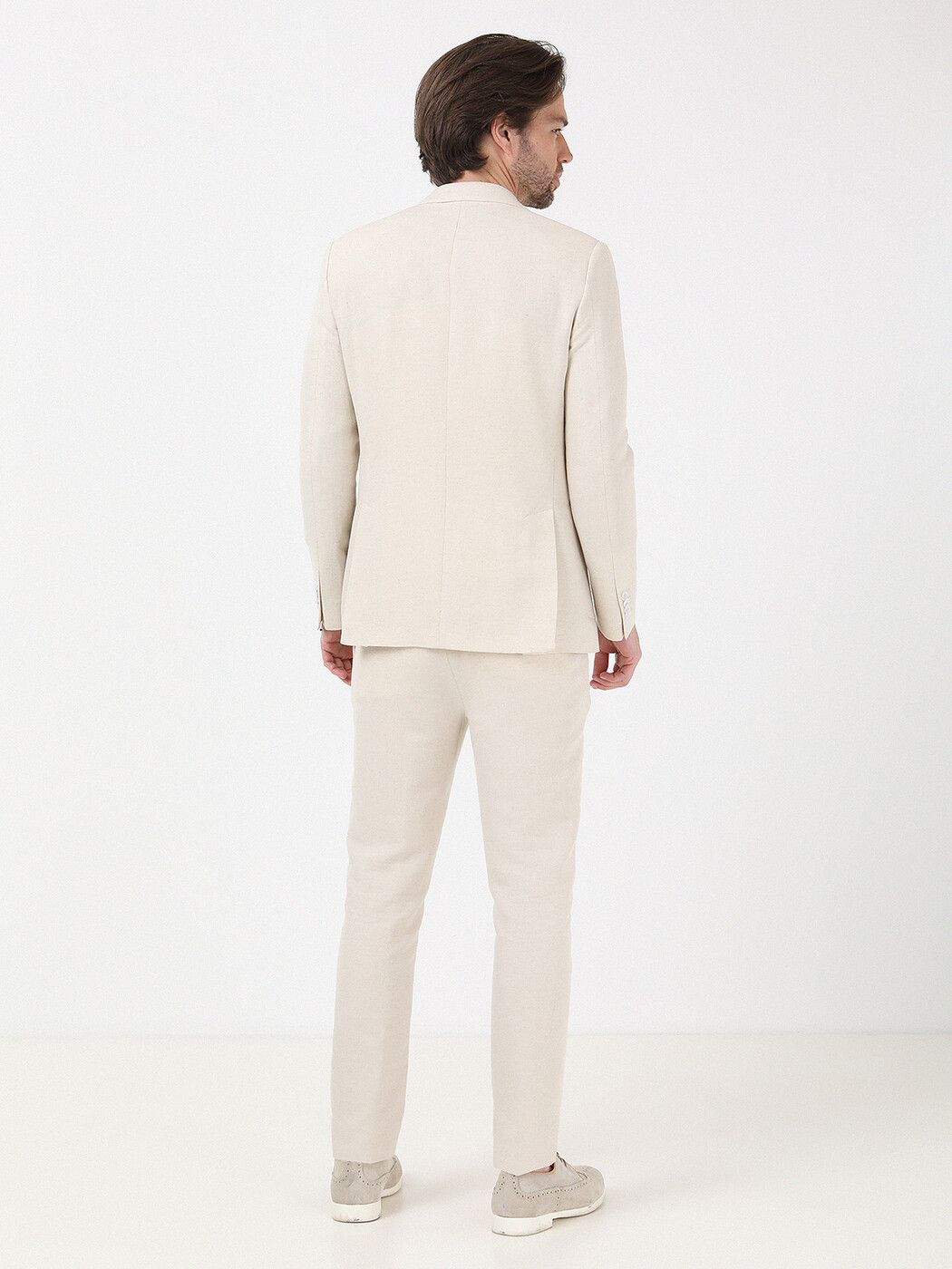 Beige Plain Modern Fit Cotton Blended Suit - 5