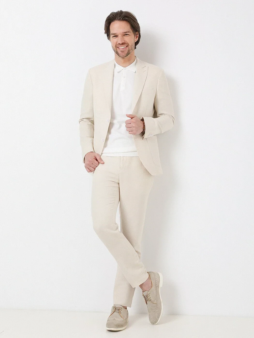 Beige Plain Modern Fit Cotton Blended Suit - 2