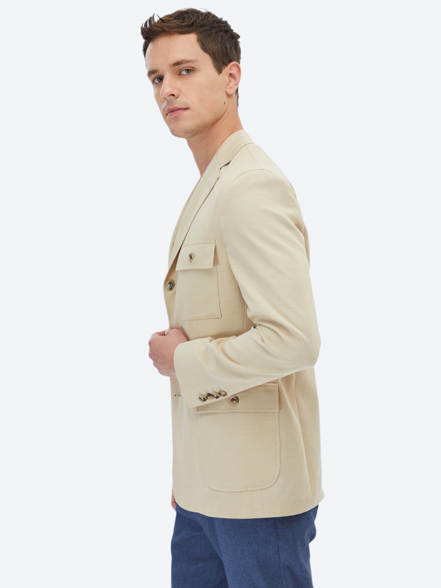 Beige Plain Modern Fit Jacket - 5