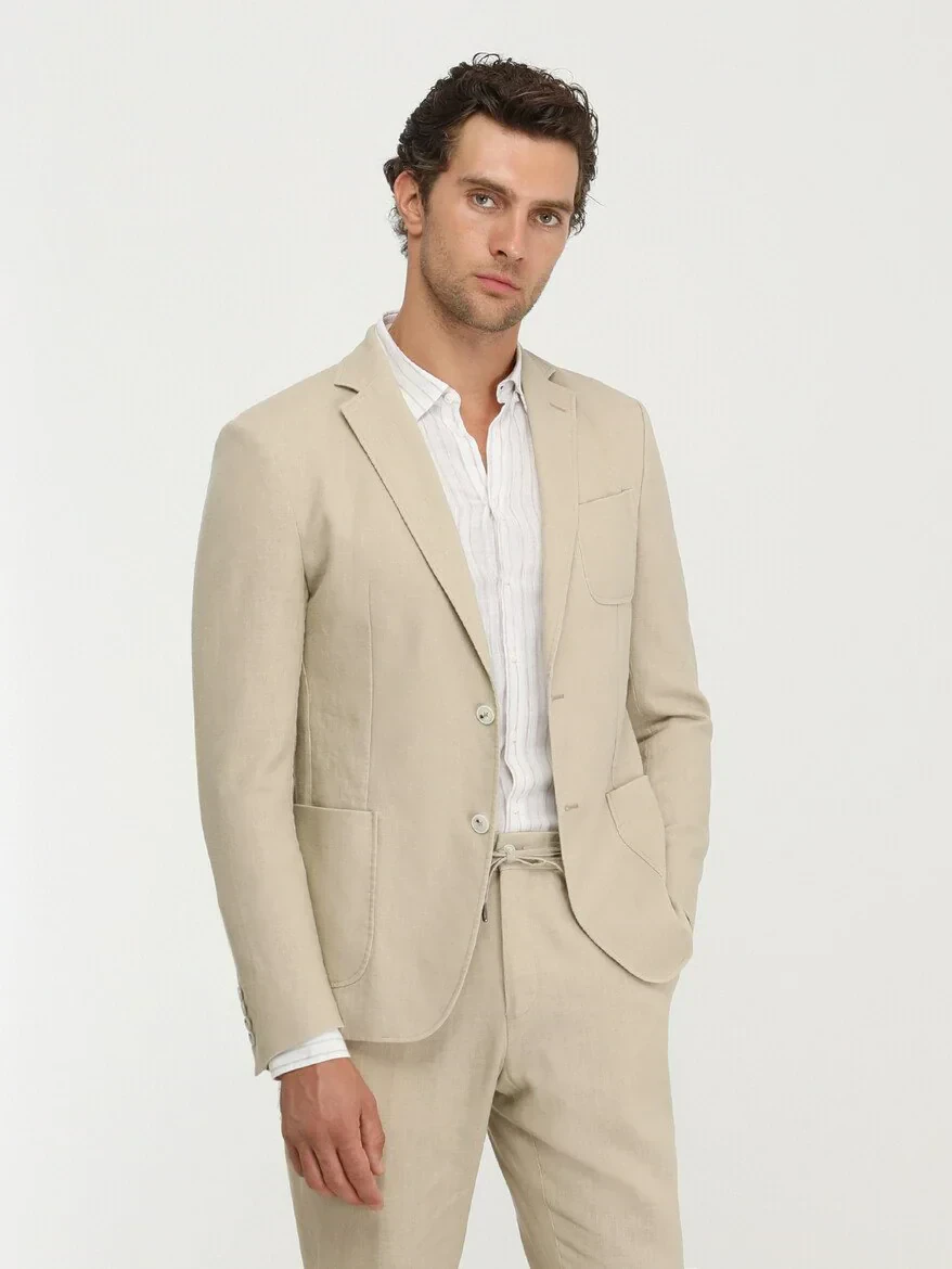 Beige Plain Modern Fit Suit - 2