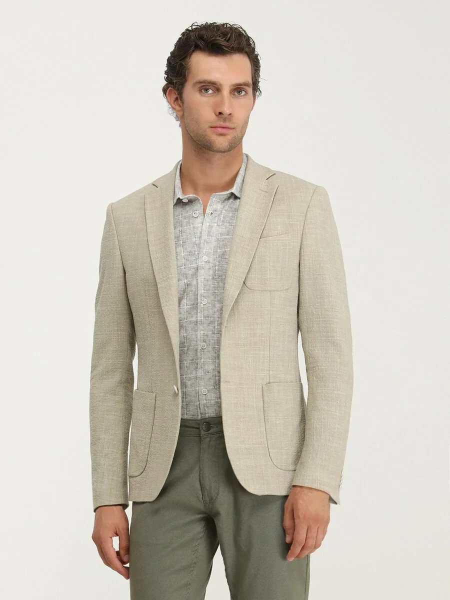 Beige Plain Modern Fit Suit - 4