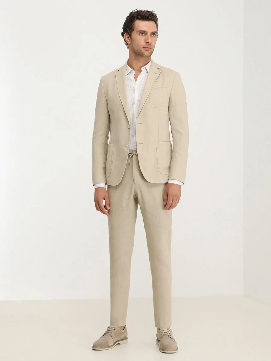 Beige Plain Modern Fit Suit - 6