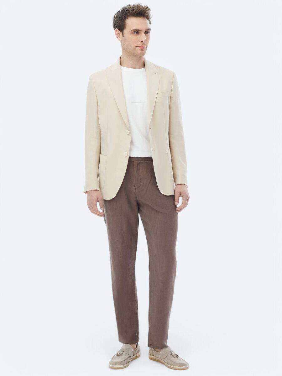 Beige Plain Modern Fit Suit - 4