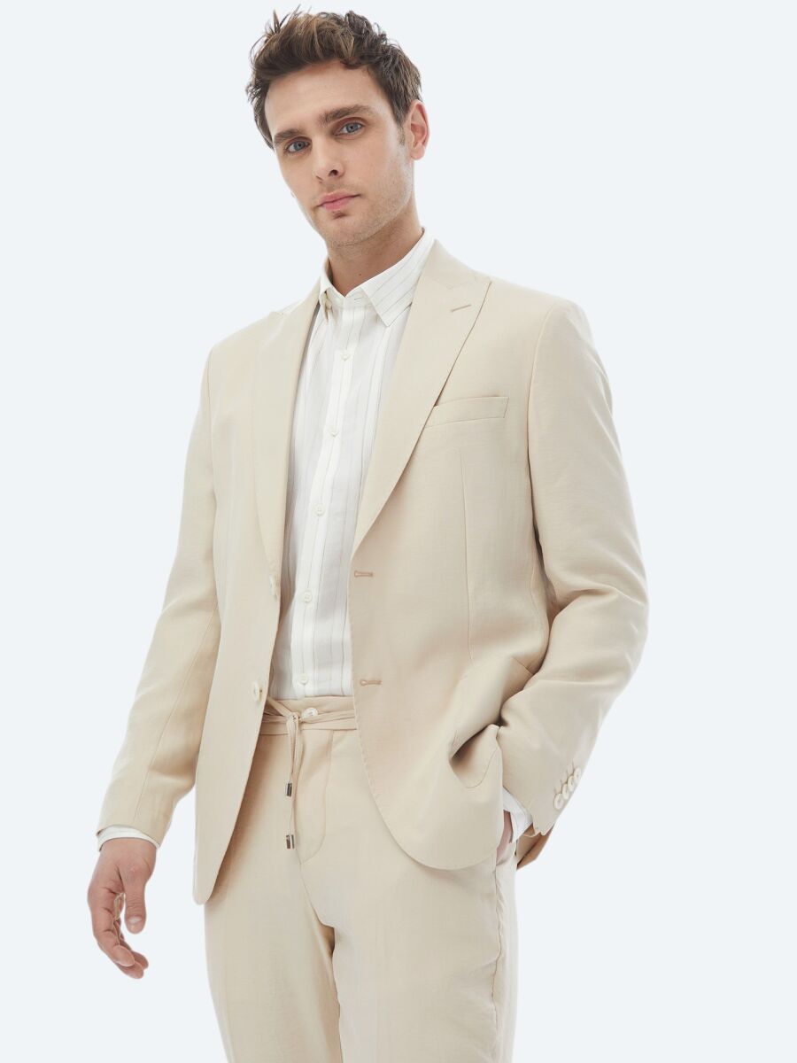 Beige Plain Modern Fit Suit - 5