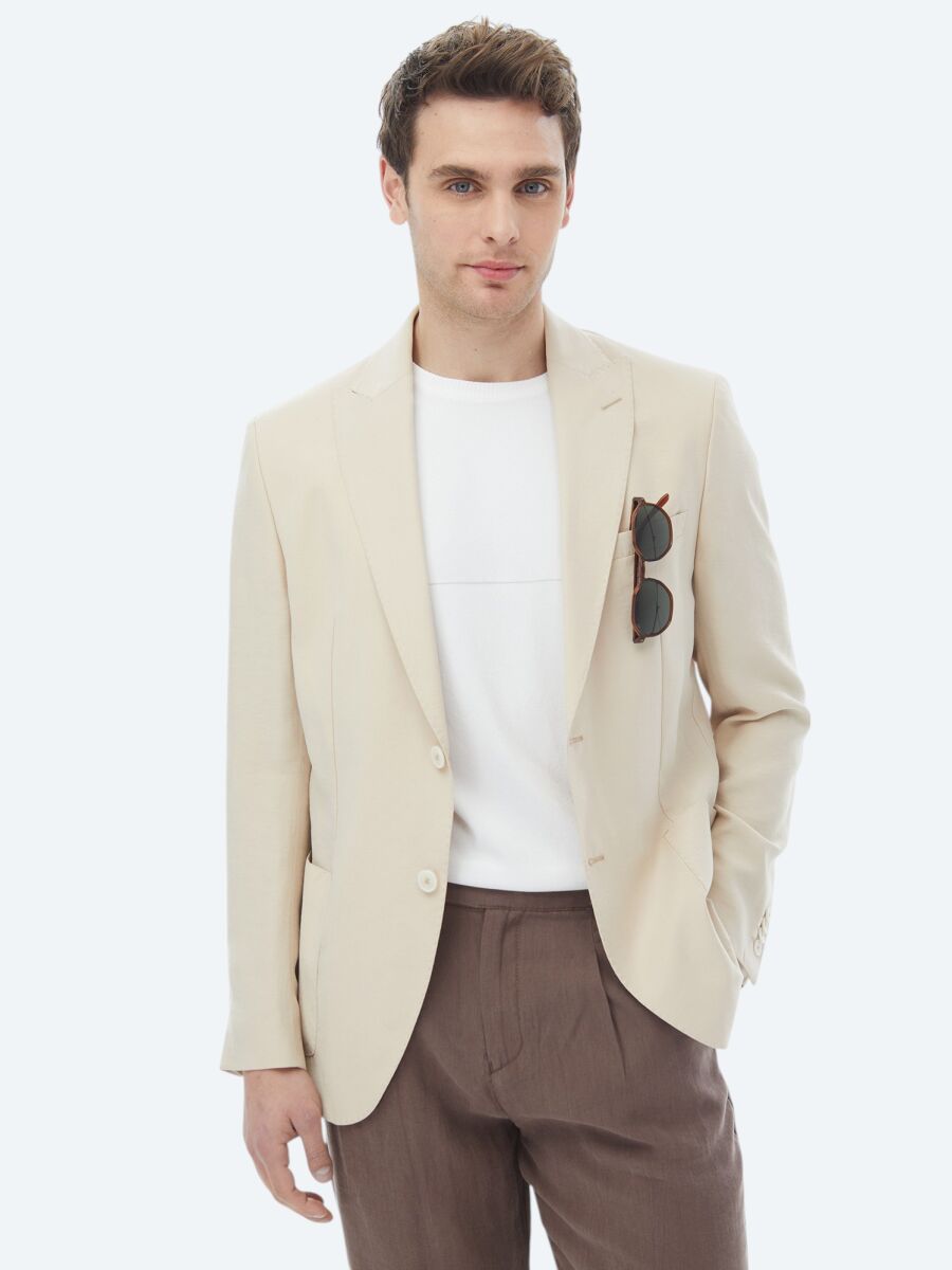 Beige Plain Modern Fit Suit - 6