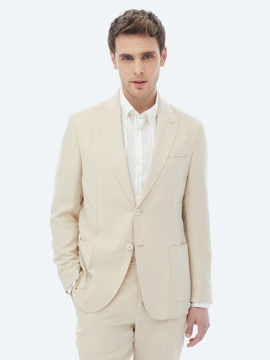 Beige Plain Modern Fit Suit - 7