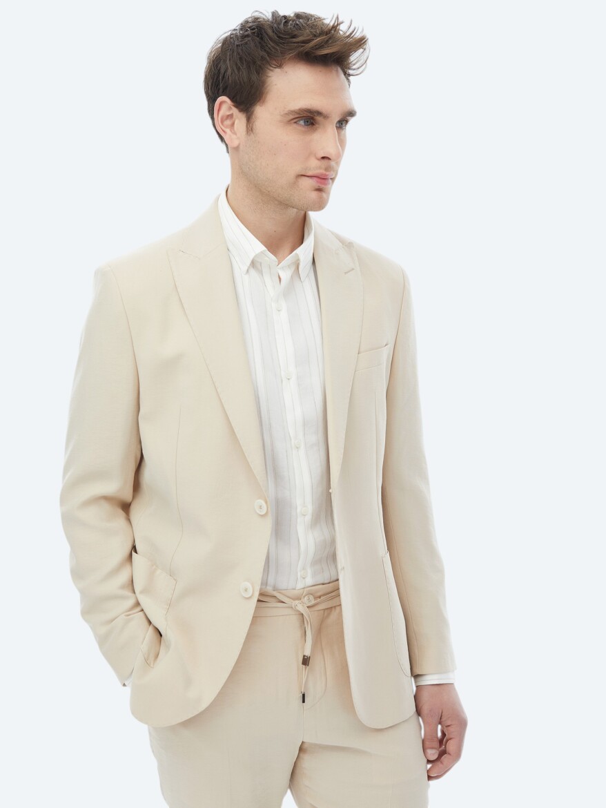 Beige Plain Modern Fit Suit - 9