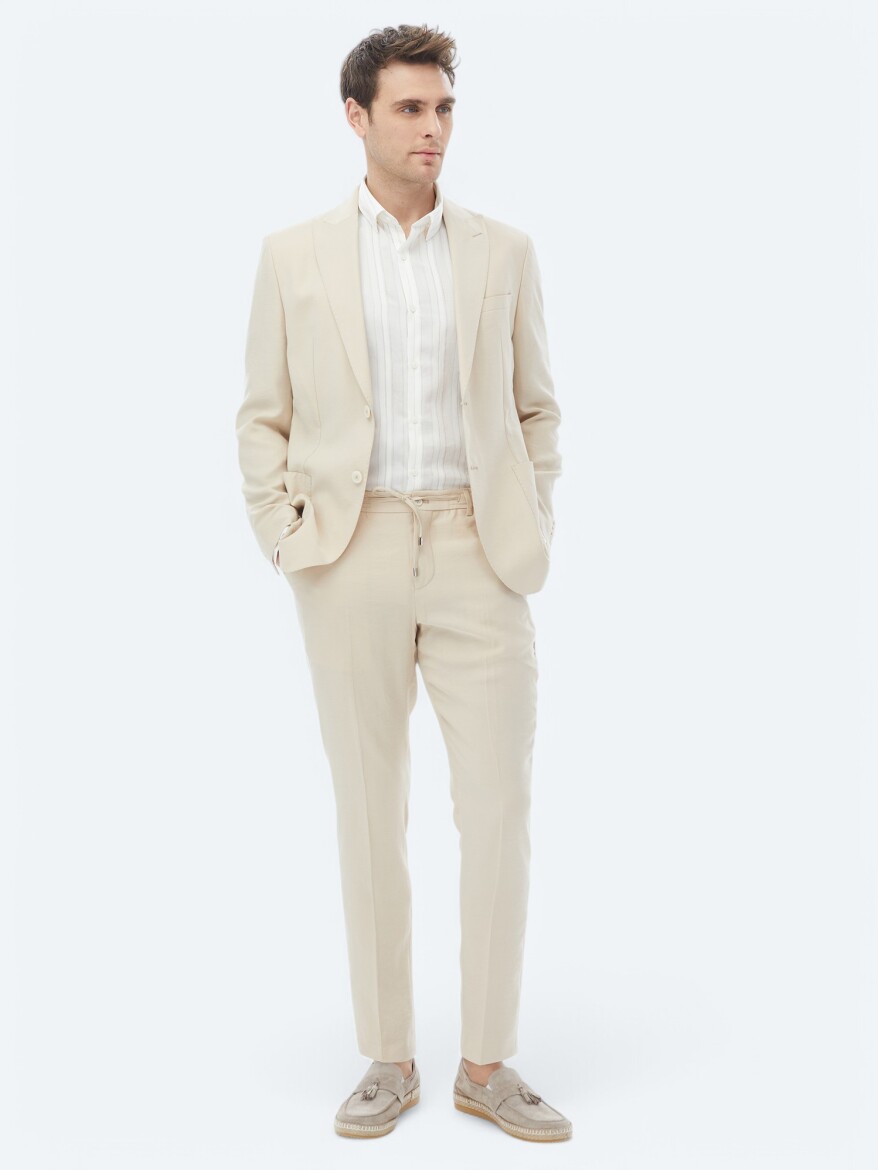 Beige Plain Modern Fit Suit - 2