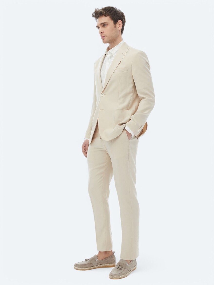 Beige Plain Modern Fit Suit - 6