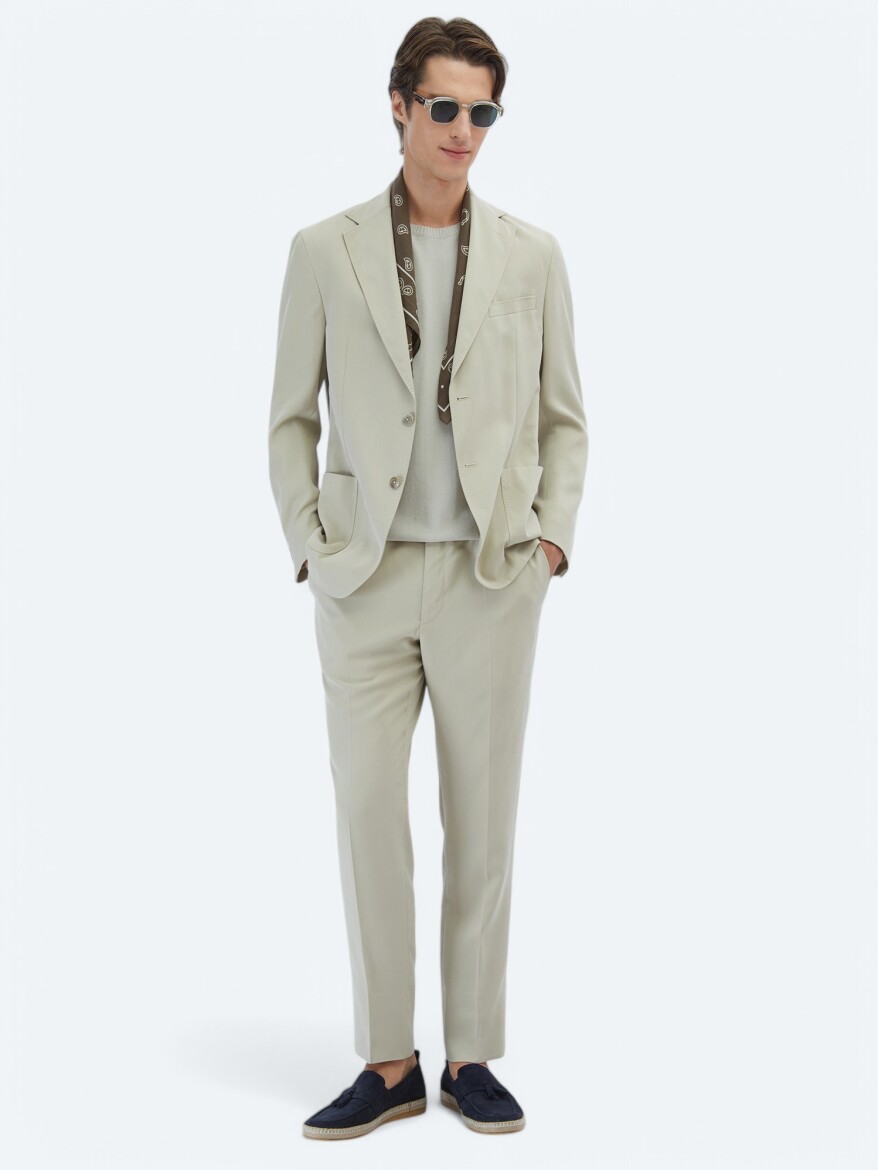 Beige Plain Modern Fit Suit - 2