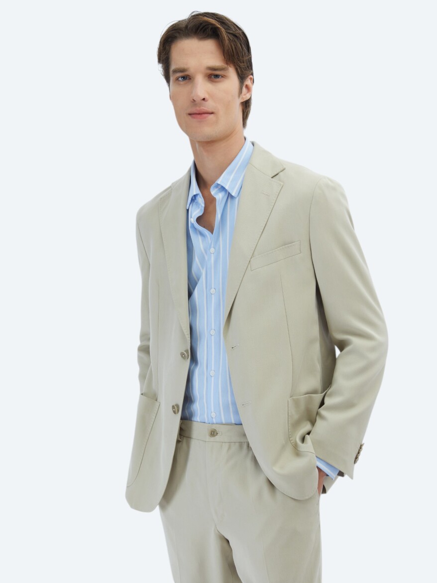 Beige Plain Modern Fit Suit - 6