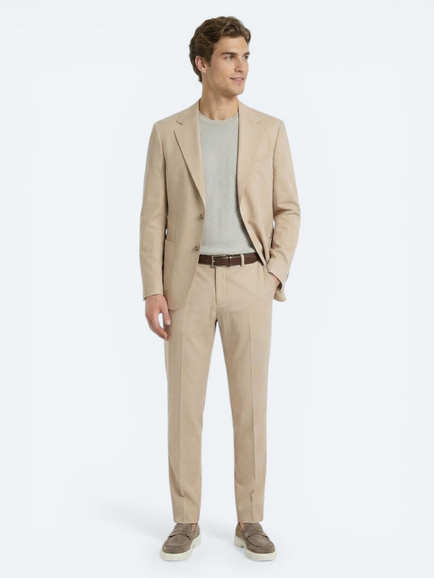 Beige Plain Modern Fit Suit - 3