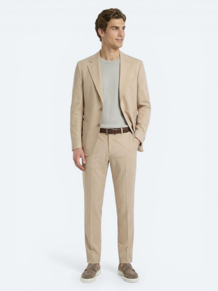 Beige Plain Modern Fit Suit - 3