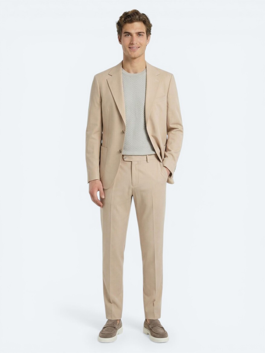 Beige Plain Modern Fit Suit - 4