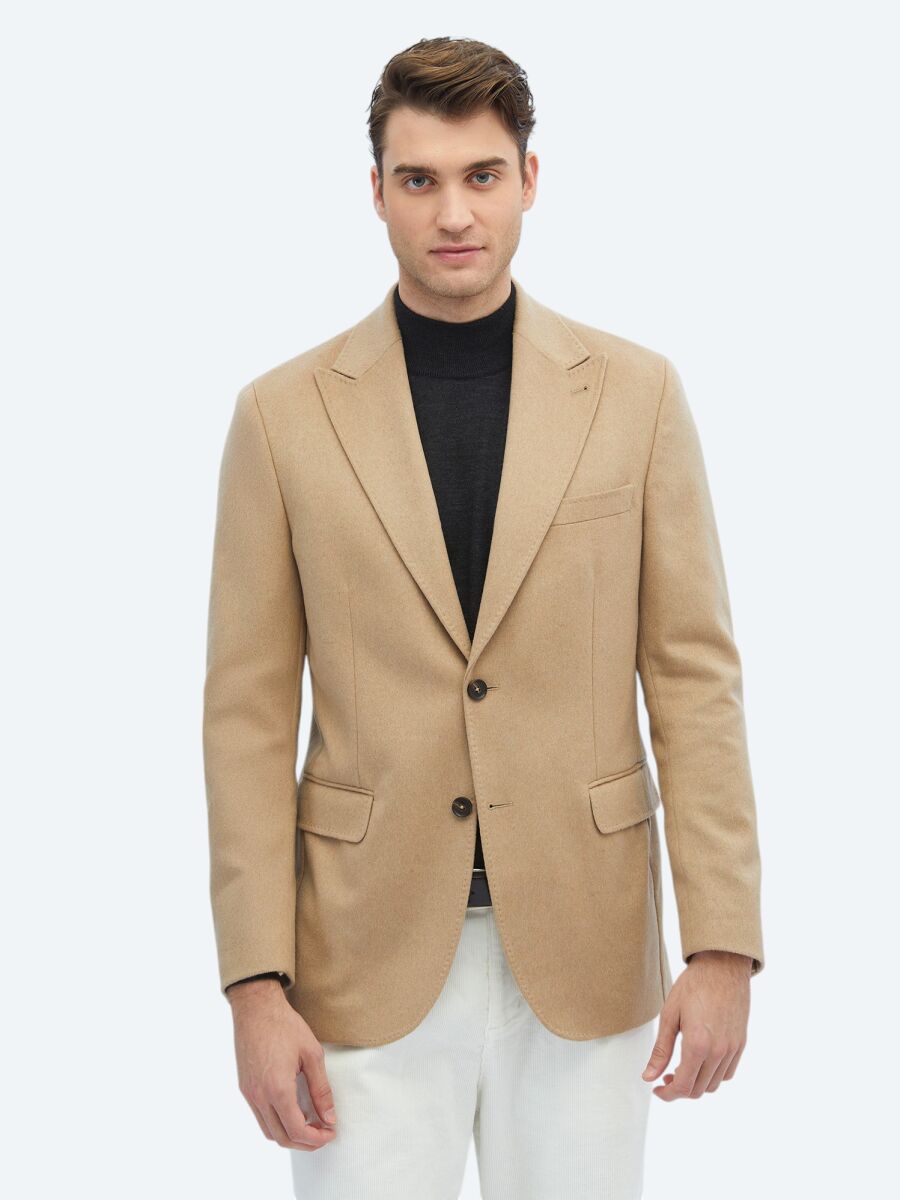 Beige Plain Modern Fit Wool Blended Jacket - 1
