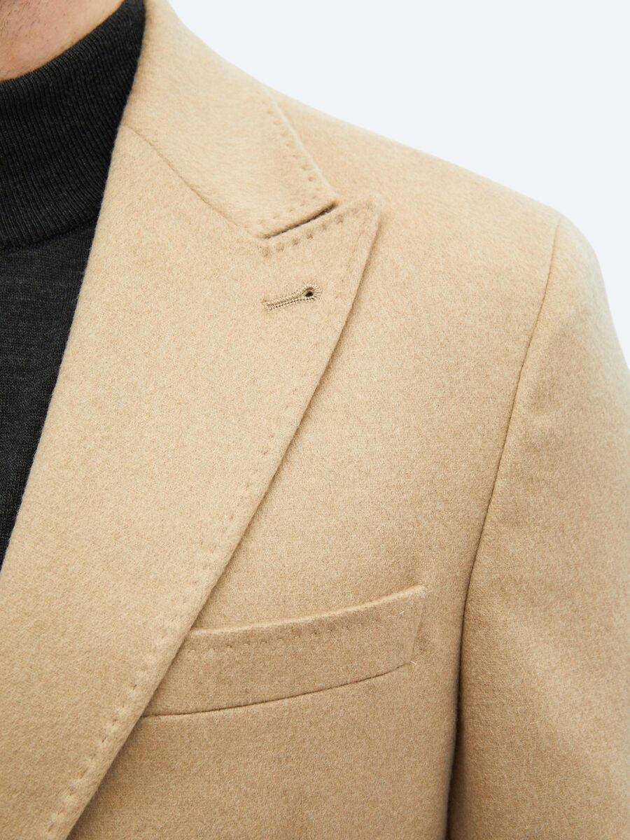 Beige Plain Modern Fit Wool Blended Jacket - 4