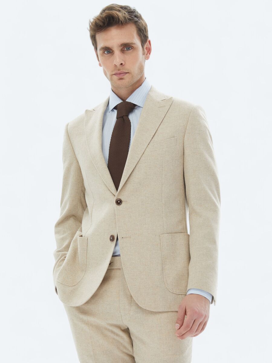 Beige Plain Modern Fit Wool Blended Suit - 1