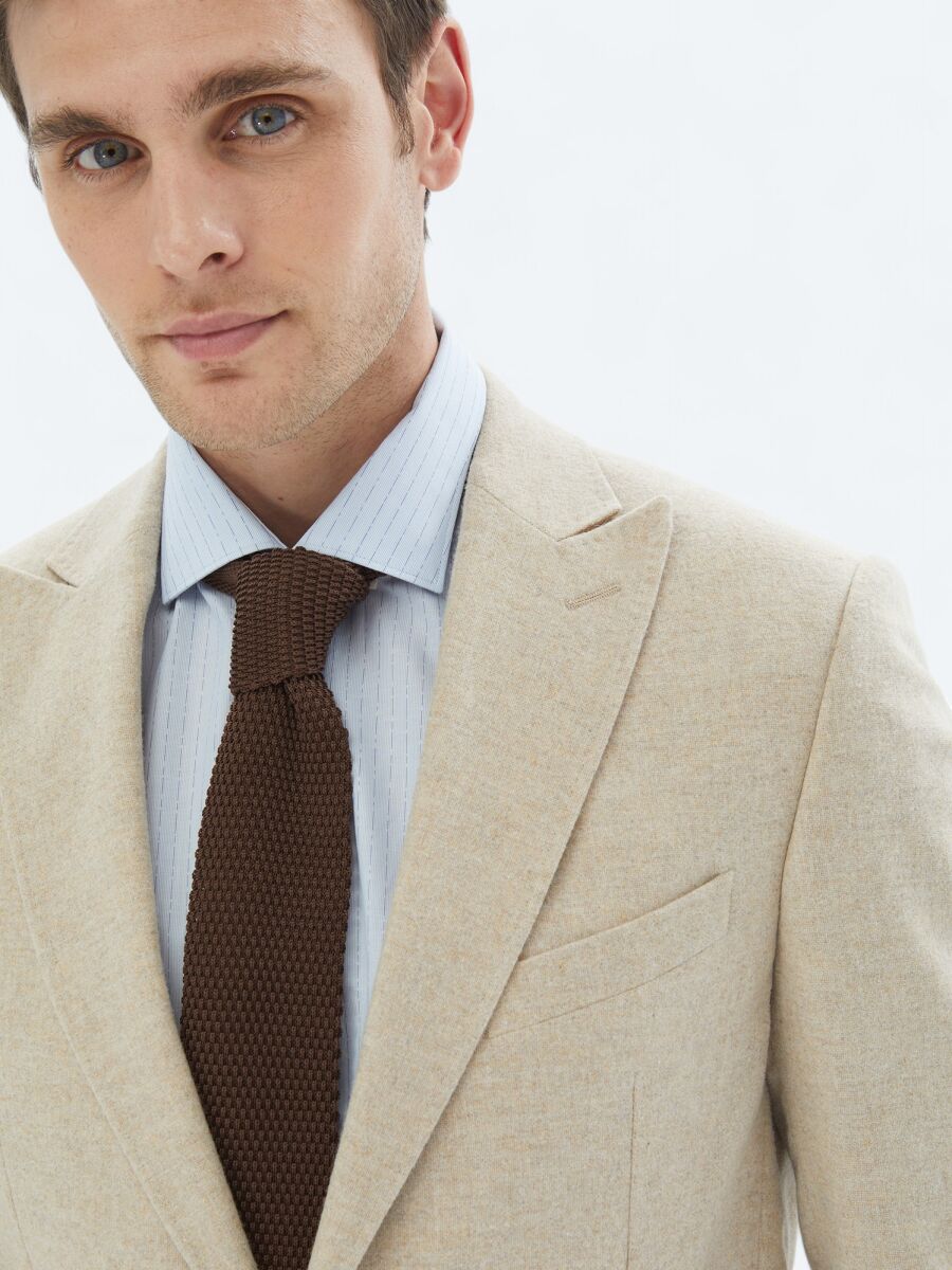 Beige Plain Modern Fit Wool Blended Suit - 3