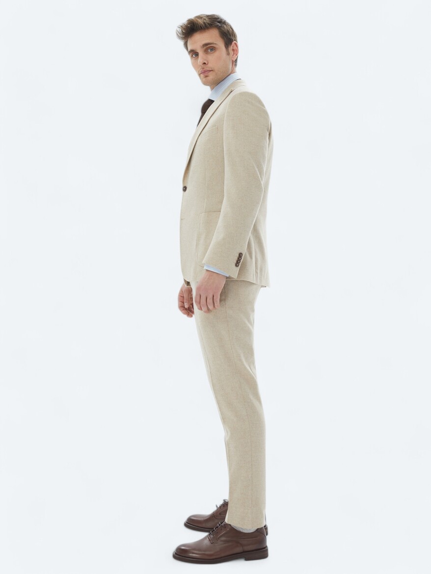 Beige Plain Modern Fit Wool Blended Suit - 4