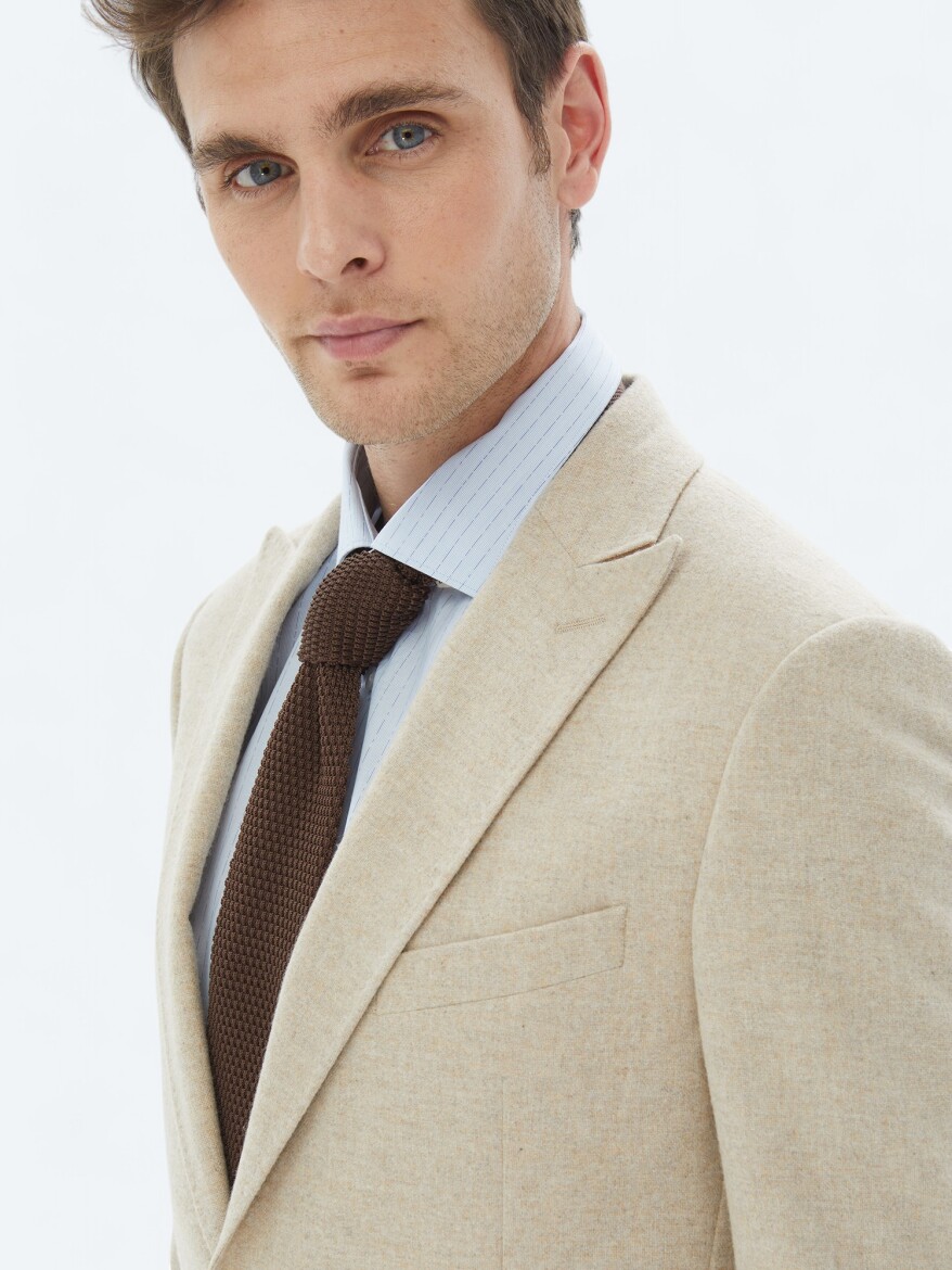 Beige Plain Modern Fit Wool Blended Suit - 5