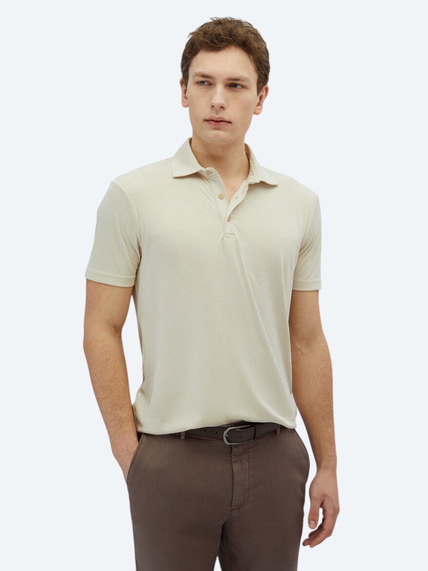 Beige Plain Polo Neck T-Shirt - KİP
