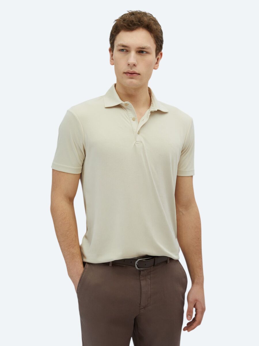Beige Plain Polo Neck T-Shirt - 1
