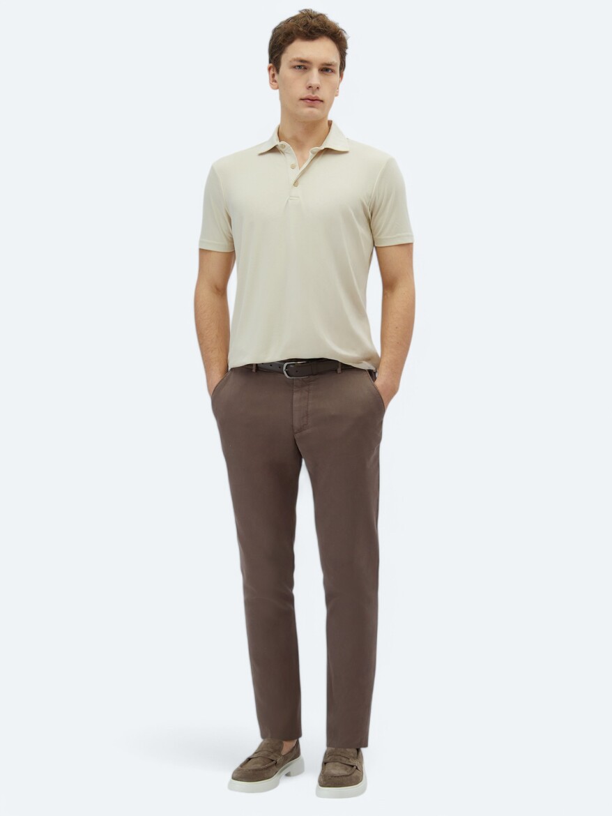 Beige Plain Polo Neck T-Shirt - KİP