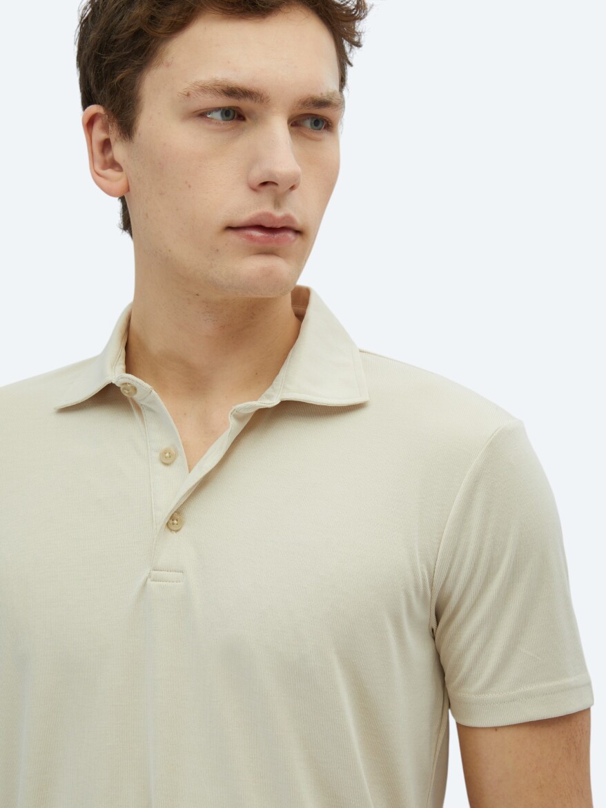 Beige Plain Polo Neck T-Shirt - 3