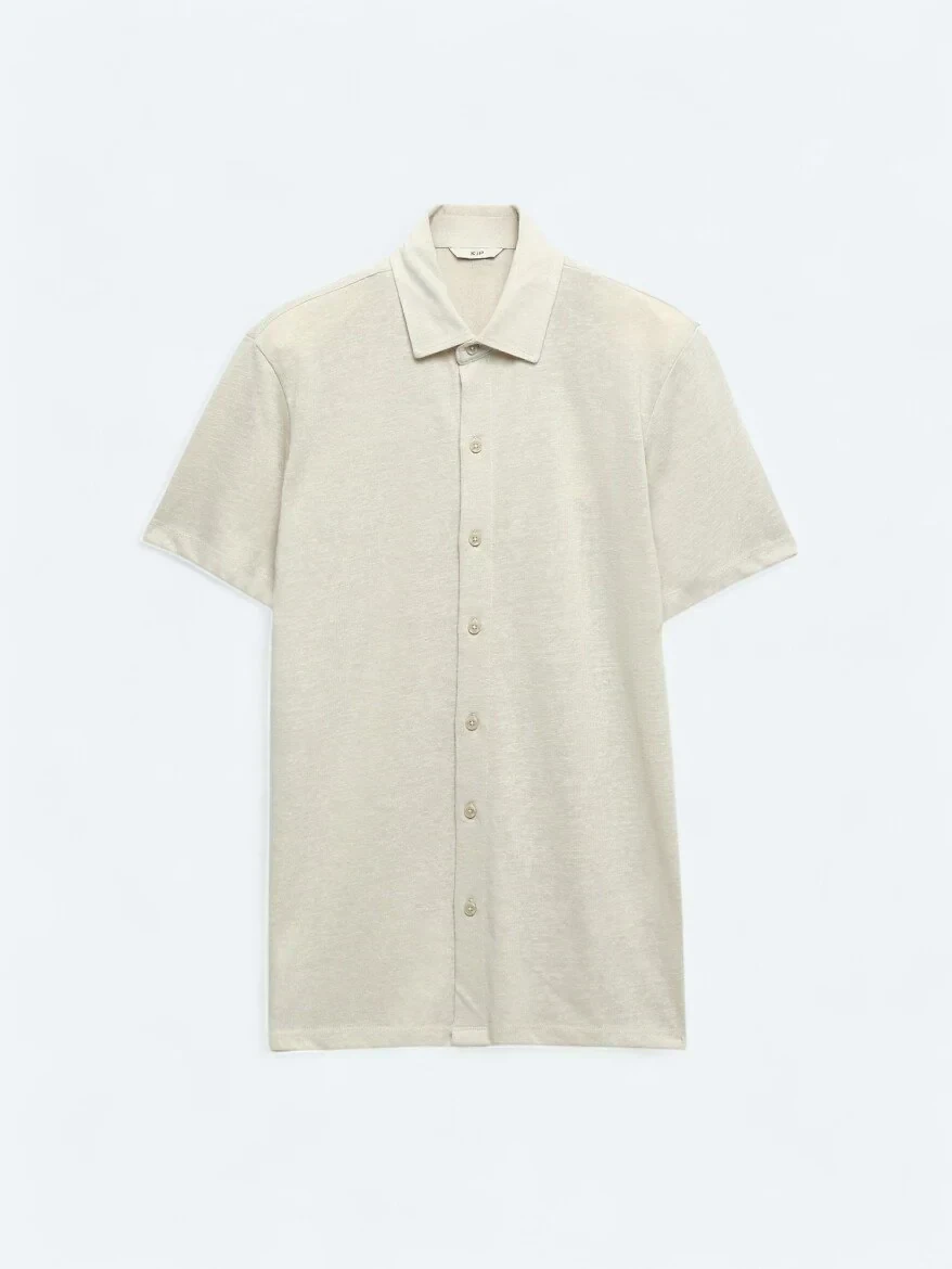 Beige Plain Regular Fit Knitting Casual Cotton Blended Shirt - 8
