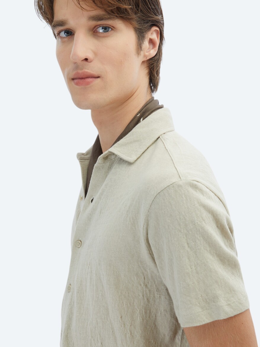 Beige Plain Regular Fit Knitting Casual Cotton Blended Shirt - 4