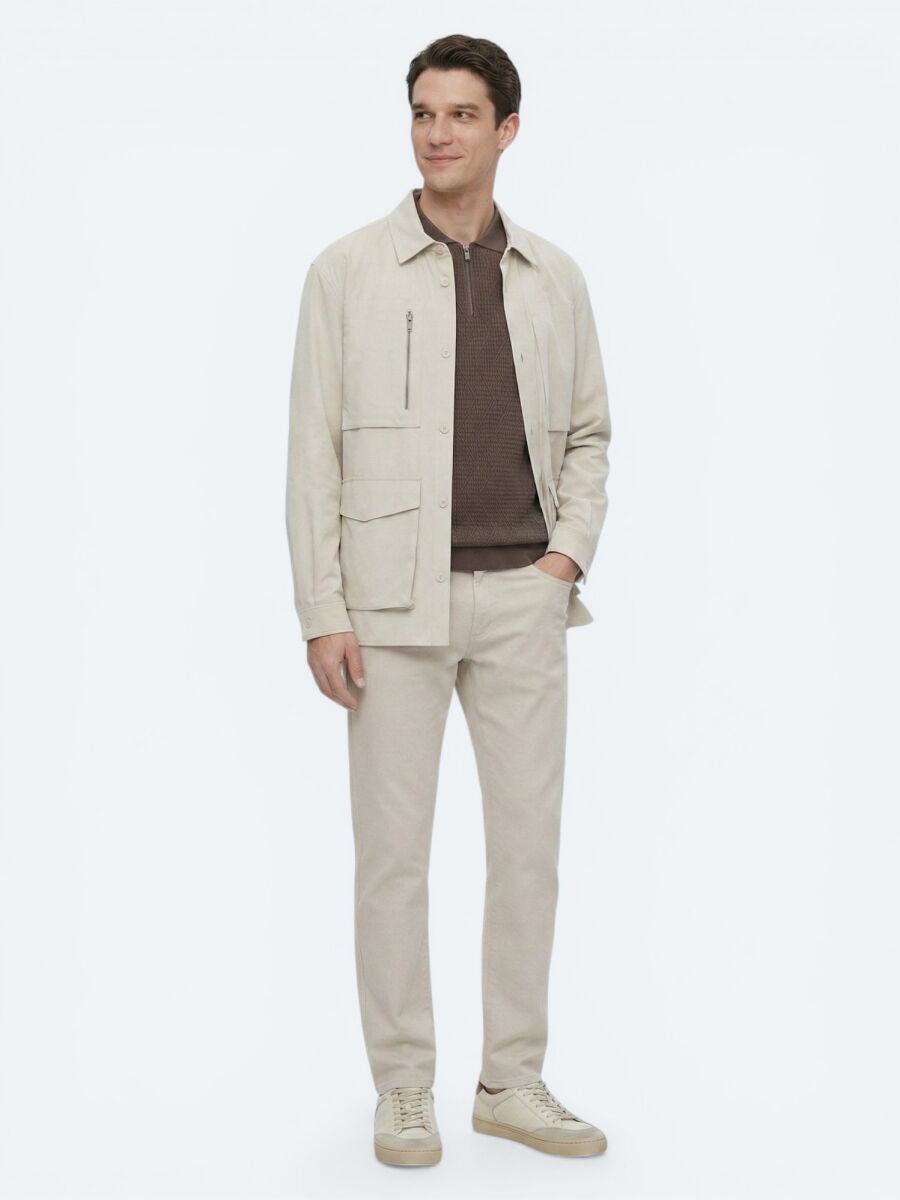Beige Plain Regular Fit Lightweight Jacket - 1