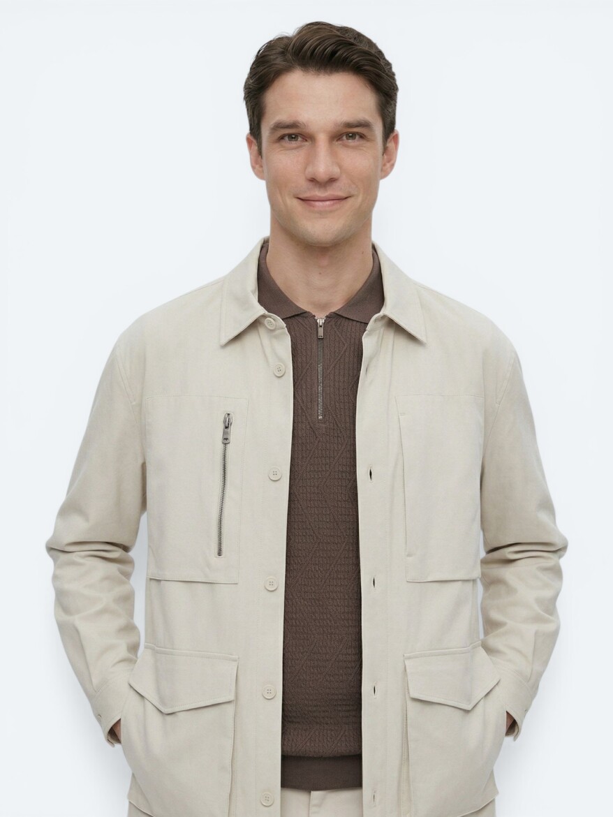 Beige Plain Regular Fit Lightweight Jacket - 2