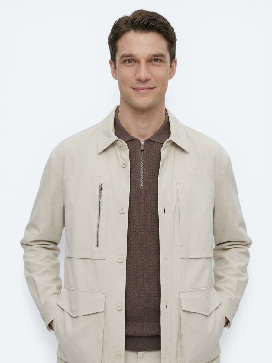 Beige Plain Regular Fit Lightweight Jacket - 2