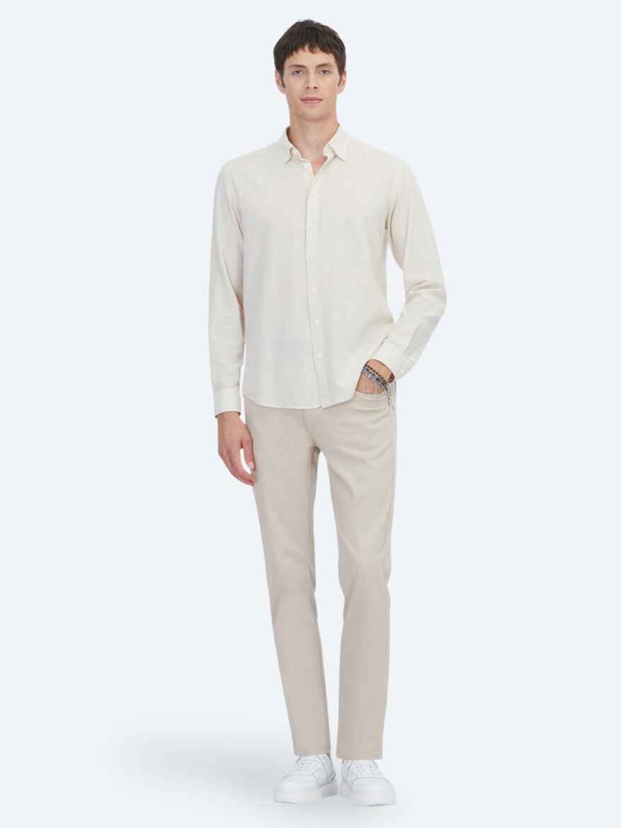 Beige Plain Regular Fit Long Weaving Casual 100% Cotton Shirt - 2