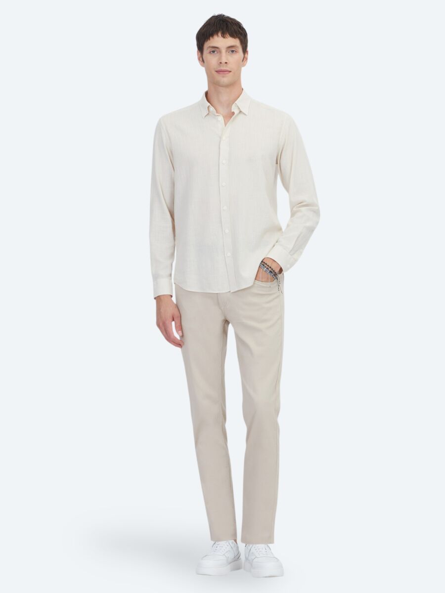 Beige Plain Regular Fit Long Weaving Casual 100% Cotton Shirt - 2