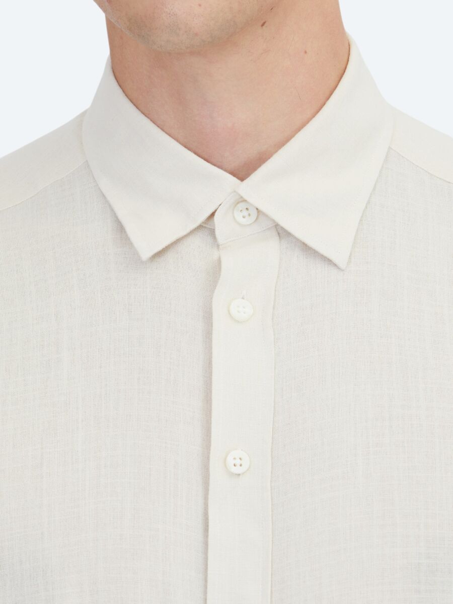 Beige Plain Regular Fit Long Weaving Casual 100% Cotton Shirt - 4