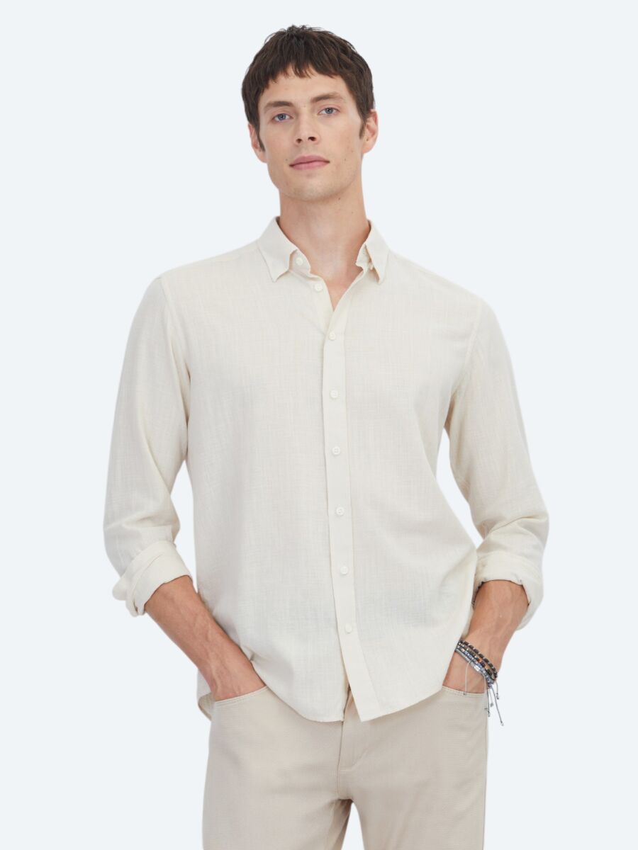 Beige Plain Regular Fit Long Weaving Casual 100% Cotton Shirt - 1