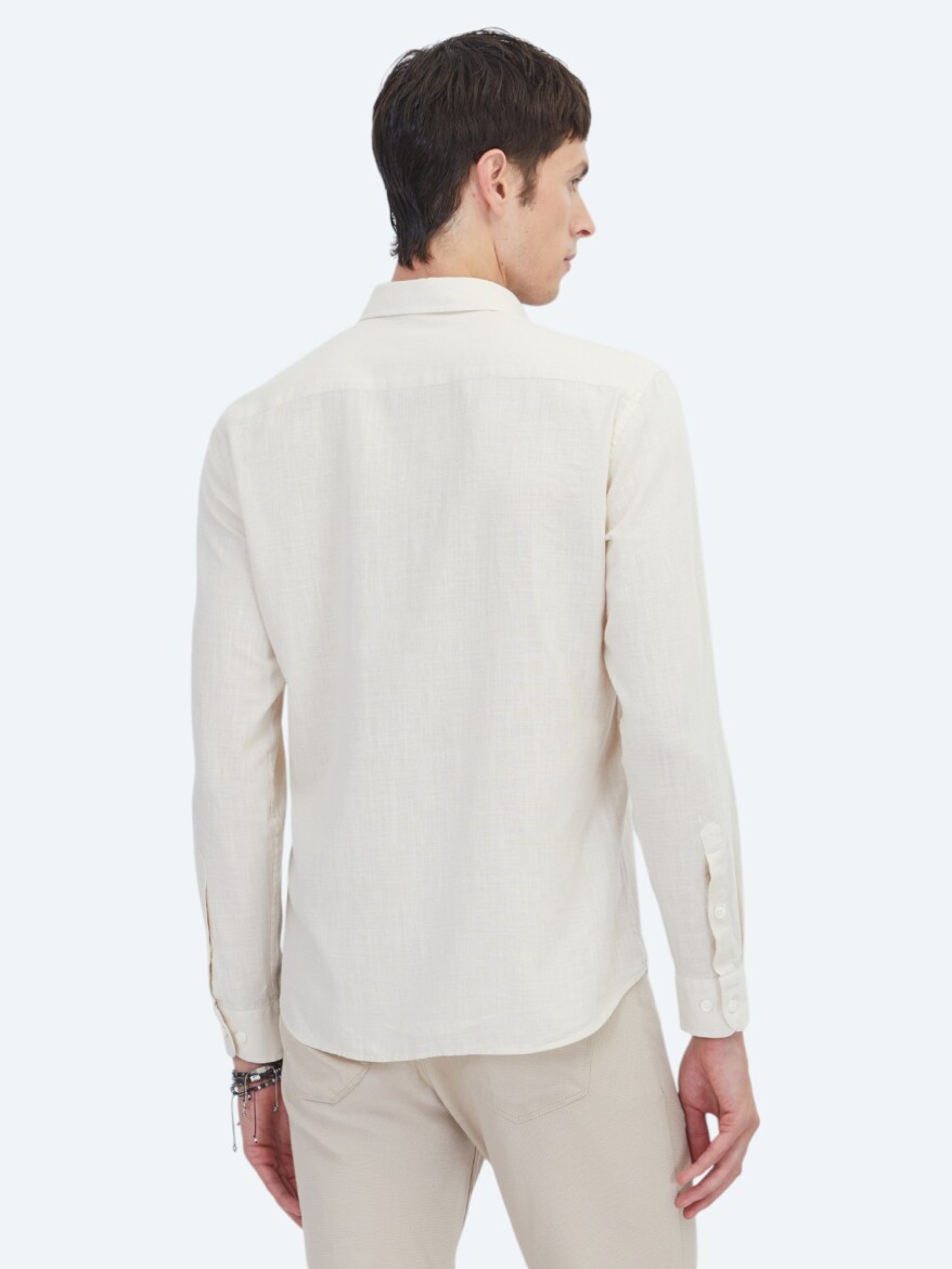 Beige Plain Regular Fit Long Weaving Casual 100% Cotton Shirt - 5
