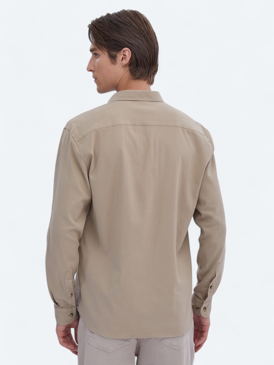 Beige Plain Regular Fit Long Weaving Casual Cotton Blended Shirt - 5