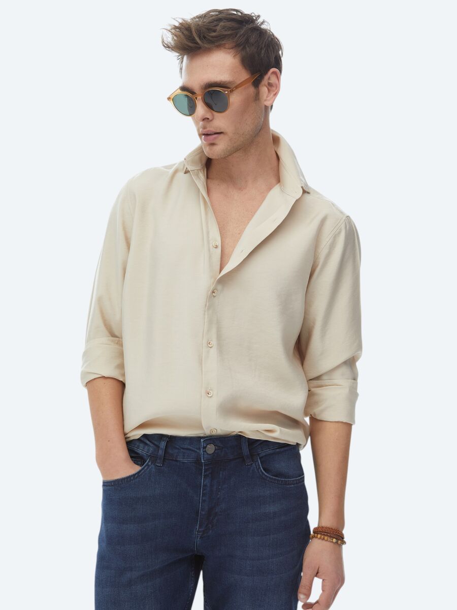 Beige Plain Regular Fit Long Weaving Casual Shirt - 1
