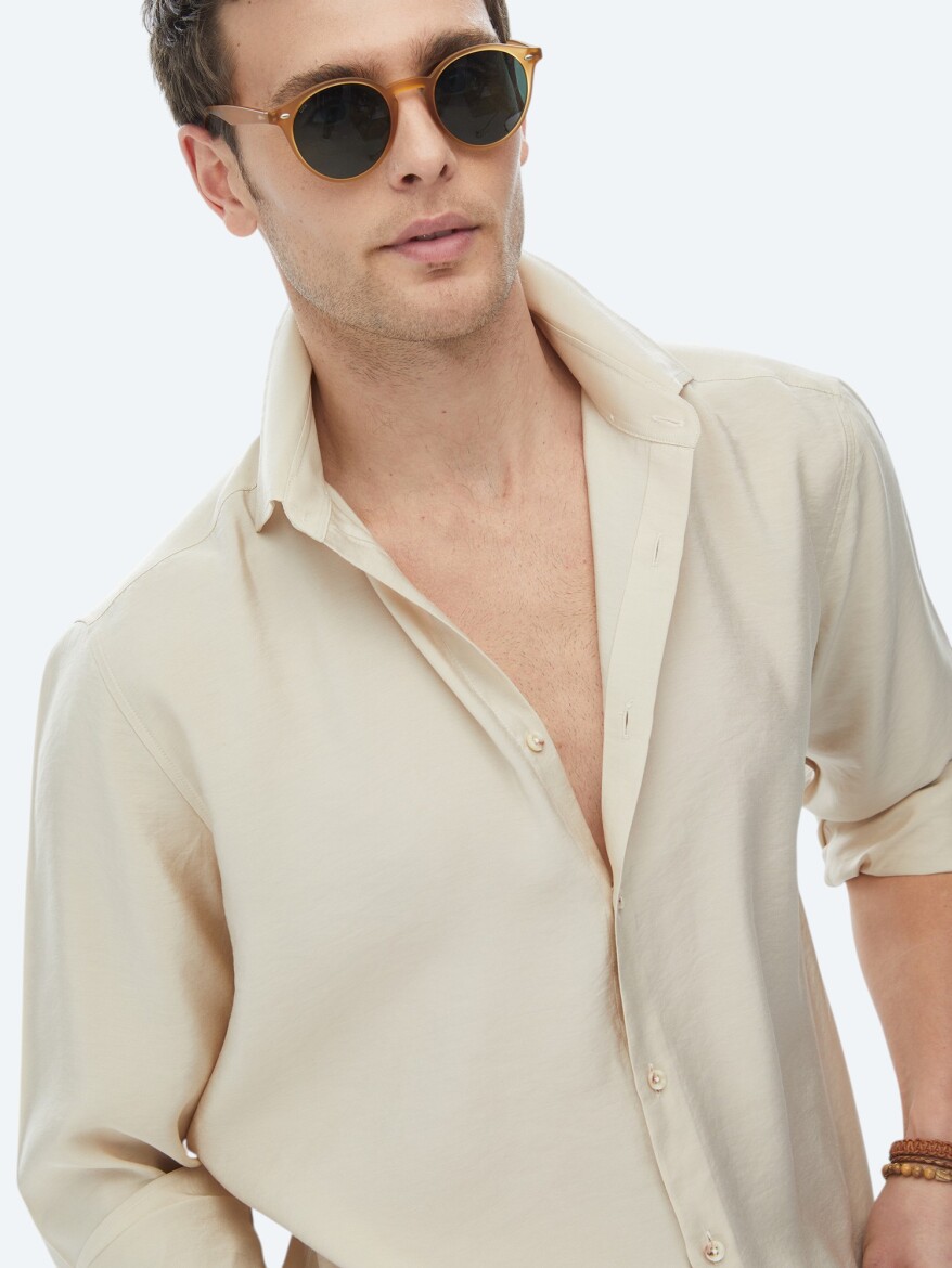 Beige Plain Regular Fit Long Weaving Casual Shirt - 2