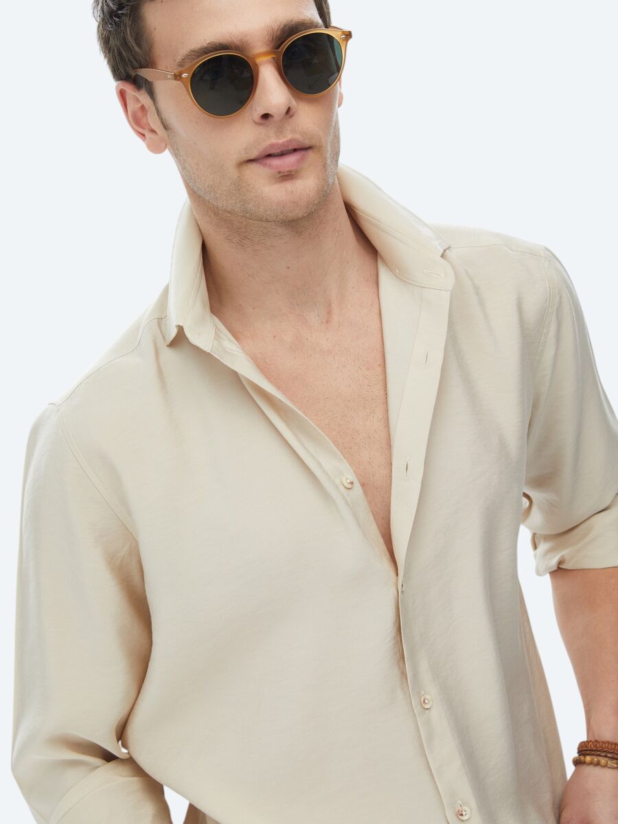 Beige Plain Regular Fit Long Weaving Casual Shirt - 2