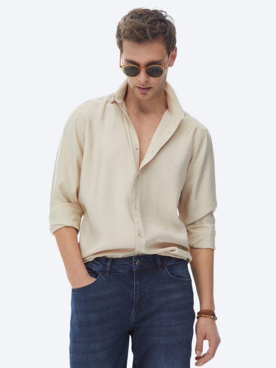 Beige Plain Regular Fit Long Weaving Casual Shirt - 6