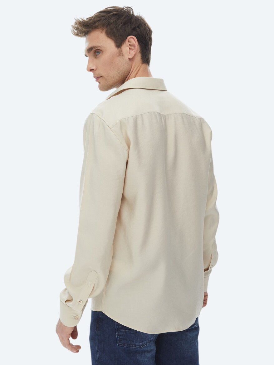Beige Plain Regular Fit Long Weaving Casual Shirt - 10