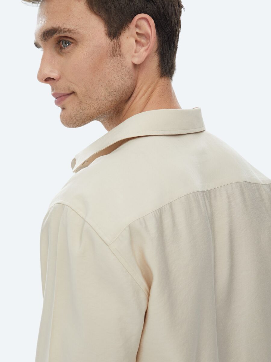 Beige Plain Regular Fit Long Weaving Casual Shirt - 11